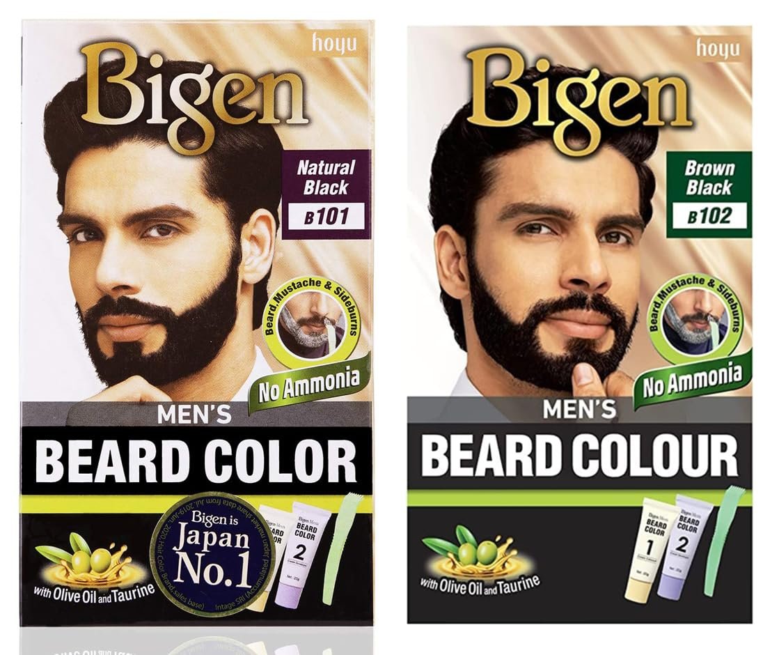 Bigen Men's Beard Color, 40g - Natural Black B101 (Pack of 1) & Bigen Men's Beard Color, 40g - Brownish Black B102 (Pack of 1)