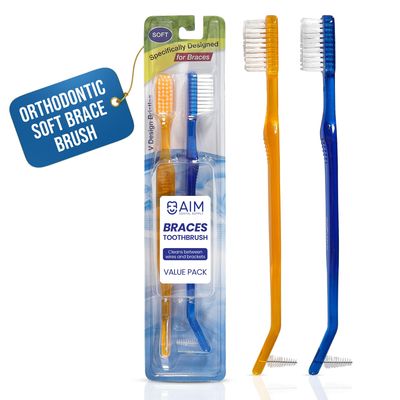 AIM DENTAL SUPPLY AIM Braces Toothbrush Soft Head V Trimmed Design 2-Pack | Quick Orthodontic Cleaning | Deep Clean Braces at Home