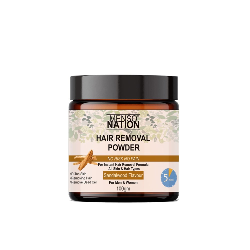 Mensonation Hair Removal Powder for removing Hairs & D Tanning for Legs, Forearms, Chest, Back SANDALWOOD Fragrance 100 Gms (200)