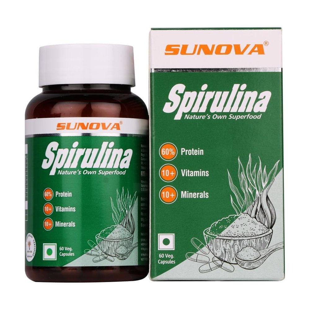 SUNOVA Organic Spirulina Capsules  Natures Own Superfood and Nutritional Supplement ,Spirulina for Full Body Support  60 Capsules