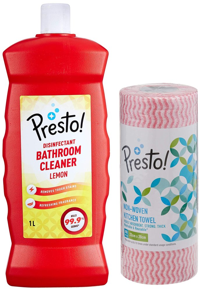 Amazon Brand - Presto! Non-woven Kitchen Towel Roll - 80 Pulls (Red) & Amazon Brand - Presto! Disinfectant Bathroom Cleaner - 1 L (Lemon)