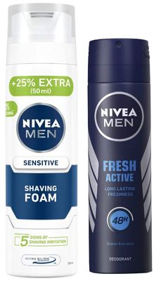 NIVEA MEN Shaving, Sensitive Shaving Foam, Lotion 250ml & Fresh Active Original Deo,150ml