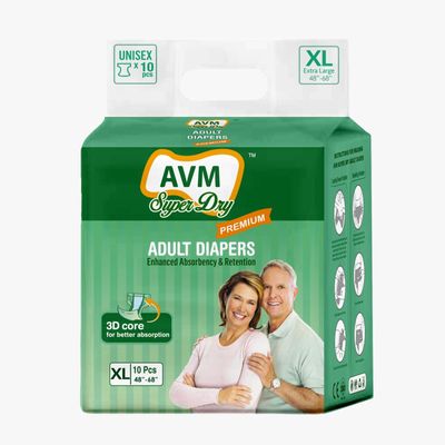 AVM Super Dry Premium Adult Diaper XL size (Extra Large) | Tape Style | Waist (48"-68") | High Absorption | Wetness indicator | Leak proof | Odour lock. (10 Pcs)