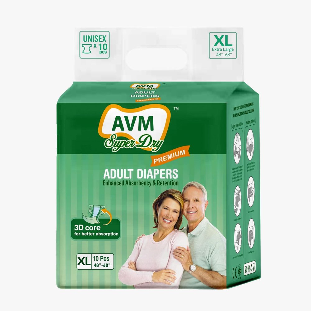 AVM Super Dry Premium Adult Diaper XL size (Extra Large) | Tape Style | Waist (48"-68") | High Absorption | Wetness indicator | Leak proof | Odour lock. (10 Pcs)