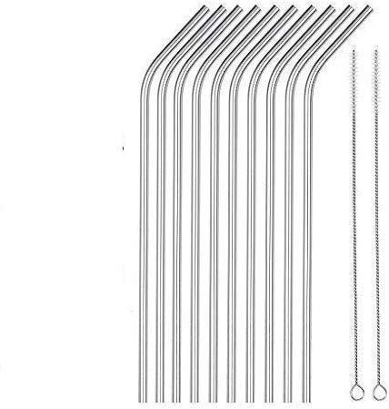 Steel Straws, Bended Stainless Steel Straws for Drinking, Extra Wide Straws for Smoothie, Milkshake Straw, Cold Drink Straw,Reusable Straws, BPA Free, 8 inch Long (Pack of 10)