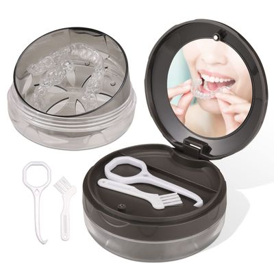 Denture Case, Leak Proof Denture Bath Case Cup Kit for Travel Cleaning, Denture Holder Box Bath Soaking Container for Women & Men with Mirror, Strainer, Removal Tool and Denture Brush(Grey)