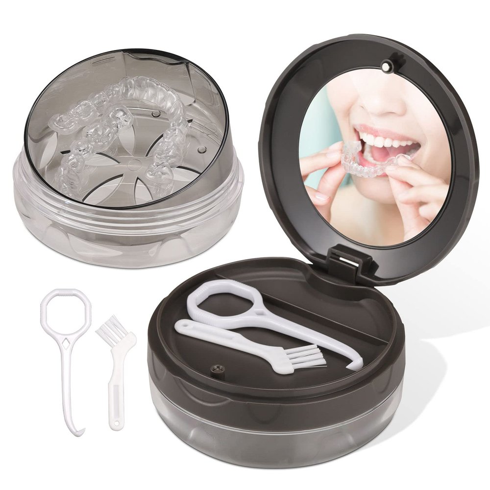 Denture Case, Leak Proof Denture Bath Case Cup Kit for Travel Cleaning, Denture Holder Box Bath Soaking Container for Women & Men with Mirror, Strainer, Removal Tool and Denture Brush(Grey)