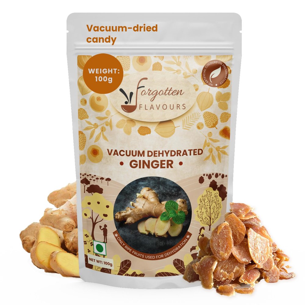 Forgotten Flavours - Sweet Ginger Candy| 100 gms | Dry Ginger Candy for Nausea/Cough Relief | After Meal Digestive | Vacuum Dried Candy | Adrak Candy with No Artificial Preservatives | No Sulphur | Pack of 1