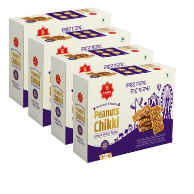 SAHU GAJAK BHANDAR Peanut Chikki 2400g (Pack of 4 Each Box 600g) | Chiki | Peanuts Chikkis | Sweets | Gazak | Mungfali Gajjak | No Added Preservatives and Colours