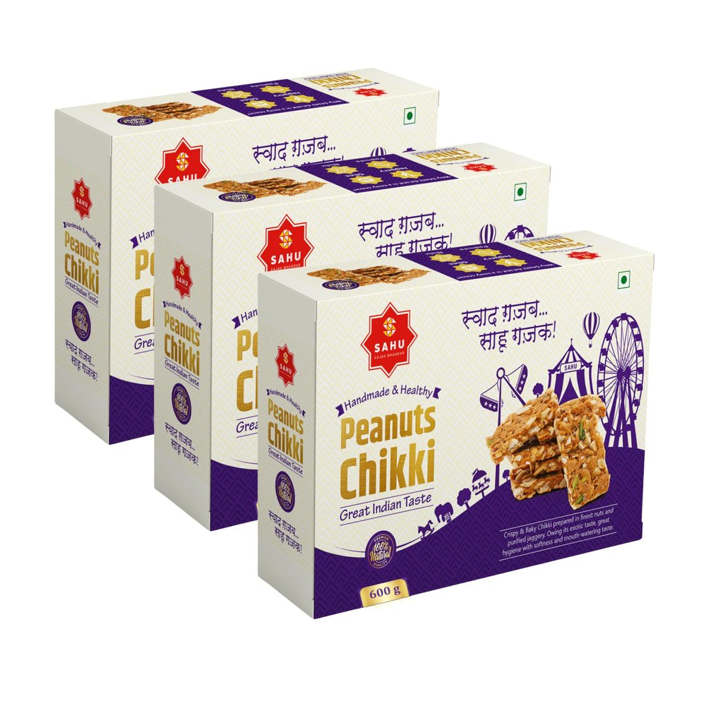 SAHU GAJAK BHANDAR Peanut chikki 1800 Gram (3 Box Each 600g) Peanuts Bar | Mungfali Gajjak | Punjabi Chiki | No Added Preservatives and Colours | Gajjak | Sweets | Gazak