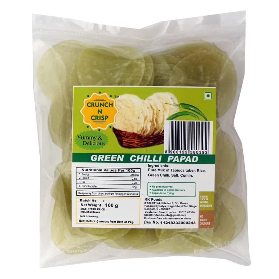 Crunch N Crisp Health For Your Traditional Snacks Sago Rice Green Chilly Papad (100 Grams)