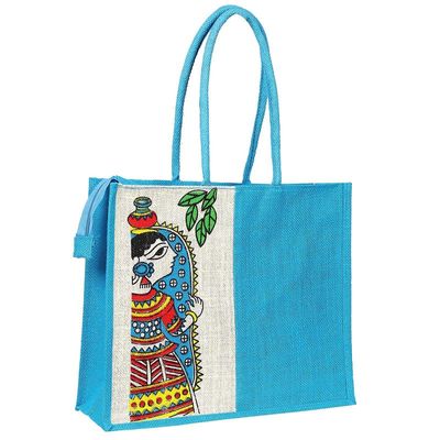 Sainik's Access to Quality Jute Bag Durga Mataji Print Pack of 1 Big Size (14 Inch X 12 Inch), Jute Multicolour Printed Tiffin/Shopping/Grocery Hand Bag with Zip & Handle for Men and Women, Jute Bags