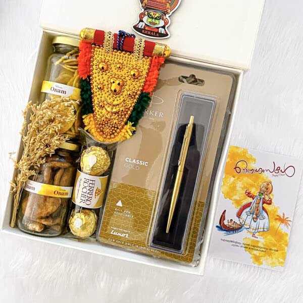 Angroos Traditional Onam wishes gifts and hampers with banana chips and handcraft nettipattam