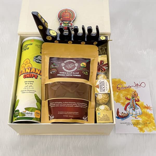 Angroos Traditional Onam gifts hamper box with organic coffee powder and hand crafted boat