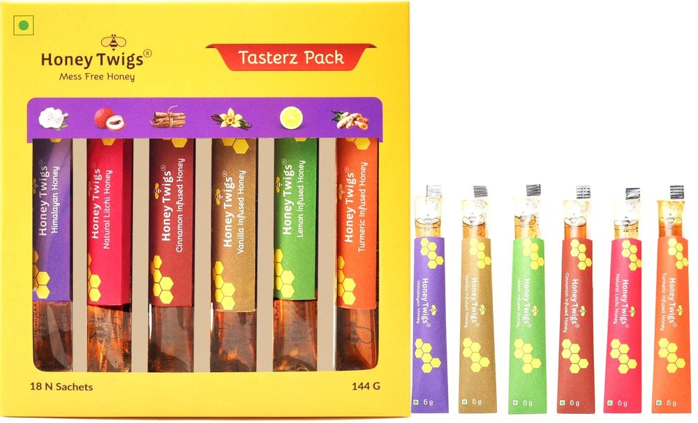 Honey Twigs Tasterz Honey Combo Pack - Himalayan Multiflora, Litchi, Cinnamon, Vanilla, Lemon and Turmeric Infused Honey : 3 Sachets x 6 flavors |Traceable Source | No Added Sugar