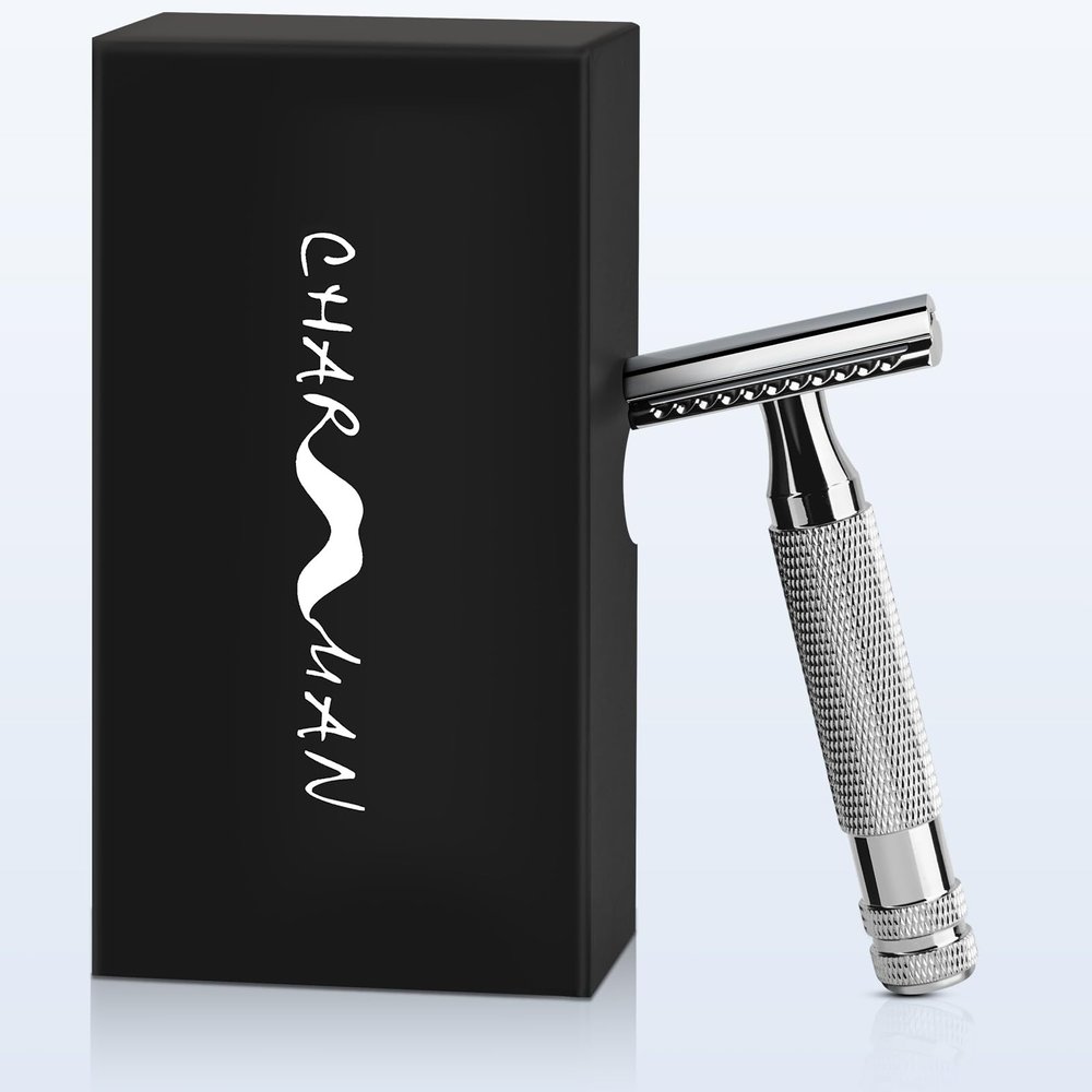 CHARMMAN Classic 3-piece Double Edge Safety Shaving Razor, 1 Razor + 10 pcs Super Stainless Blades + Travel Cover + Luxurious Packaging, 124.0 grams