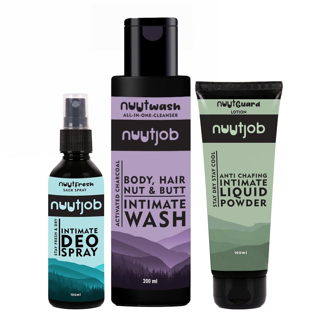 Nuutjob Intimate Hygiene Kit for Men Intimate Sack Spray Deodrant 100 ml, Intimate Wash 200 ml & Intimate Liquid Powder 100 ml | All Day Sweat Control.