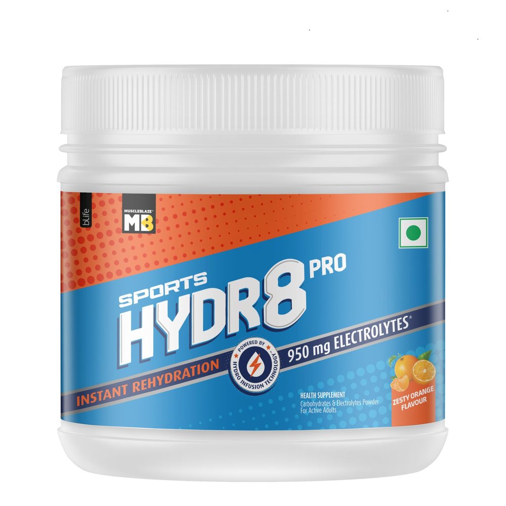 MuscleBlaze Sports Hydr8 PRO Powder, Zesty Orange (300g, 30 Servings) | 950mg Electrolytes | For Instant Rehydration & Energy
