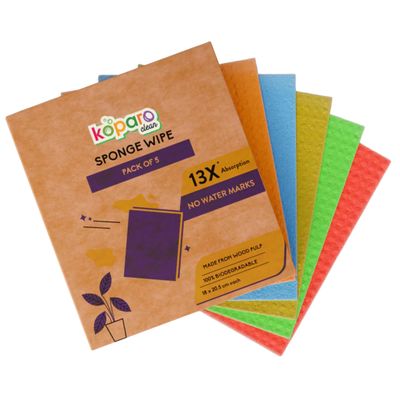 Koparo Natural Cellulose Sponge Wipes for Kitchen and Home Cleaning | Pack of 5 | Reusable and Biodegradable Kitchen Cleaning Wipes | Lint-Free | 13X Absorption | XL Size Wipes