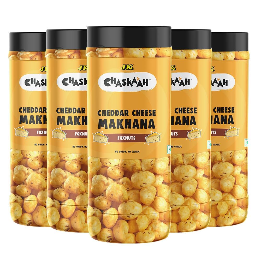 Chaskaah Cheddar Cheese Makhana, 350g (Pack of 5) (Foxnuts, Phool Makhana)| Dry Roasted| Rich in Calcium| Low Cholestrol|High Fibre| Jain
