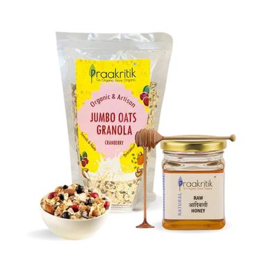 Praakritik Organic Jumbo Oats Cranberry Granola (300 gms) With Raw Adivasi Honey (200 gms) | Healthy Breakfast Combo, | Wholesome Breakfast Cereals | High Antioxidants, Fibre, Protein Snack