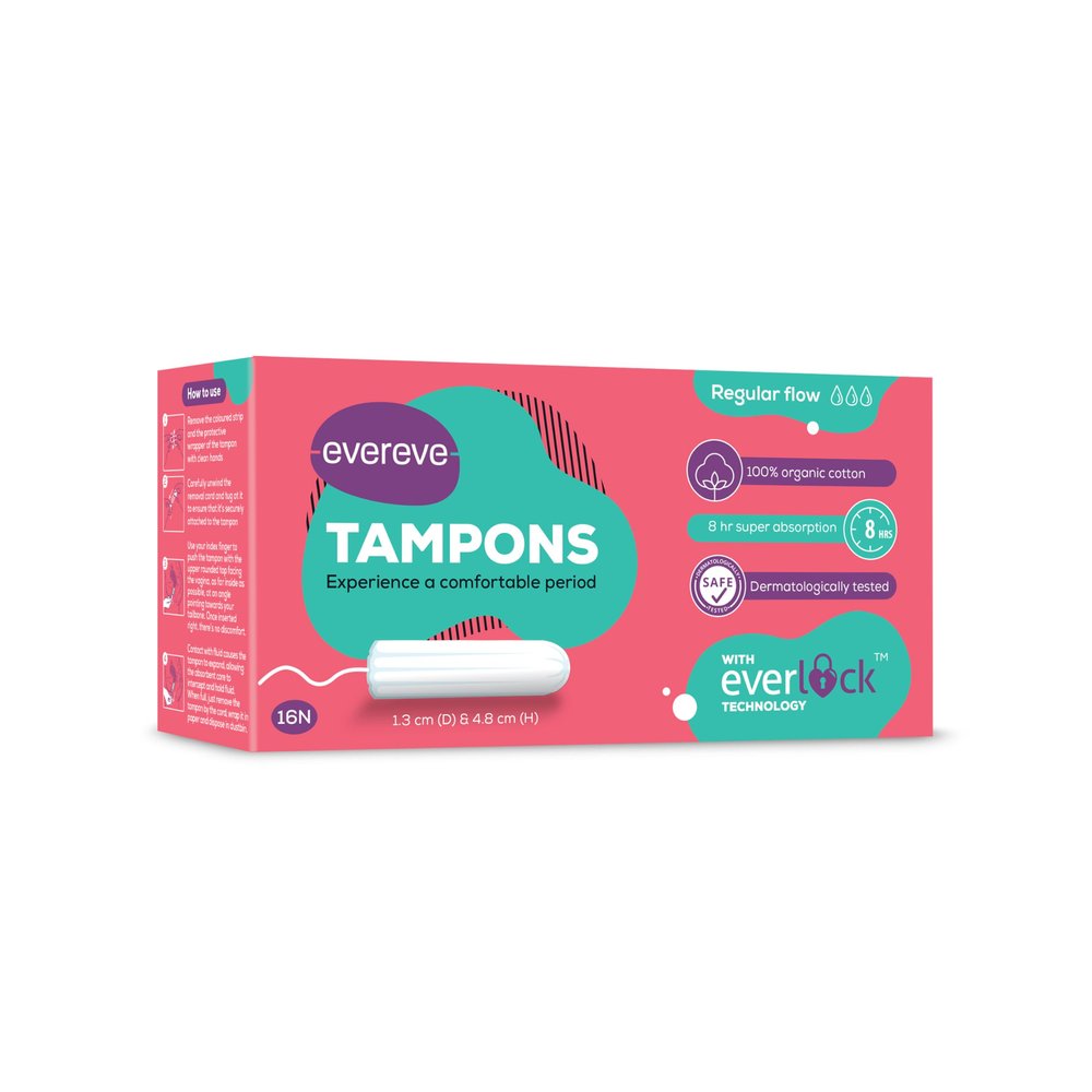 Evereve Tampons, 100% Organic Cotton, For Regular Menstrual flow, 16 pcs, Super absorption, Safe, Soft & Comfortable, Stain-free periods, Rash-free, Prevents odour, FDA approved, Biodegradable