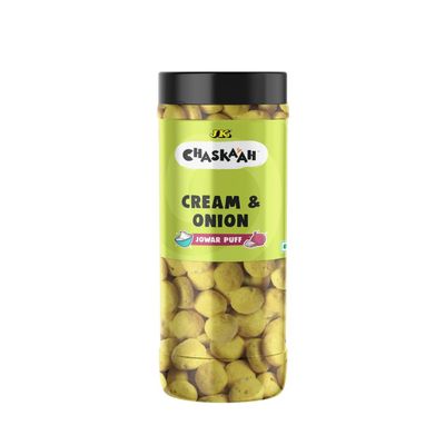 Chaskaah Cream & Onion Jowar Puff, 75g by JK | Gluten Free | Dry Roasted|MSG Free| Low Cholesterol | Rich in Calcium |Gourmet | Puffed Snacks