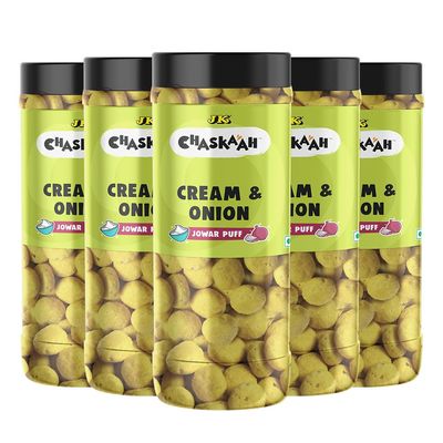 Chaskaah Cream & Onion Jowar Puff, 375g (Pack of 5) | Gluten Free | Dry Roasted|MSG Free| Low Cholesterol | Rich in Calcium |Gourmet | Puffed Snacks