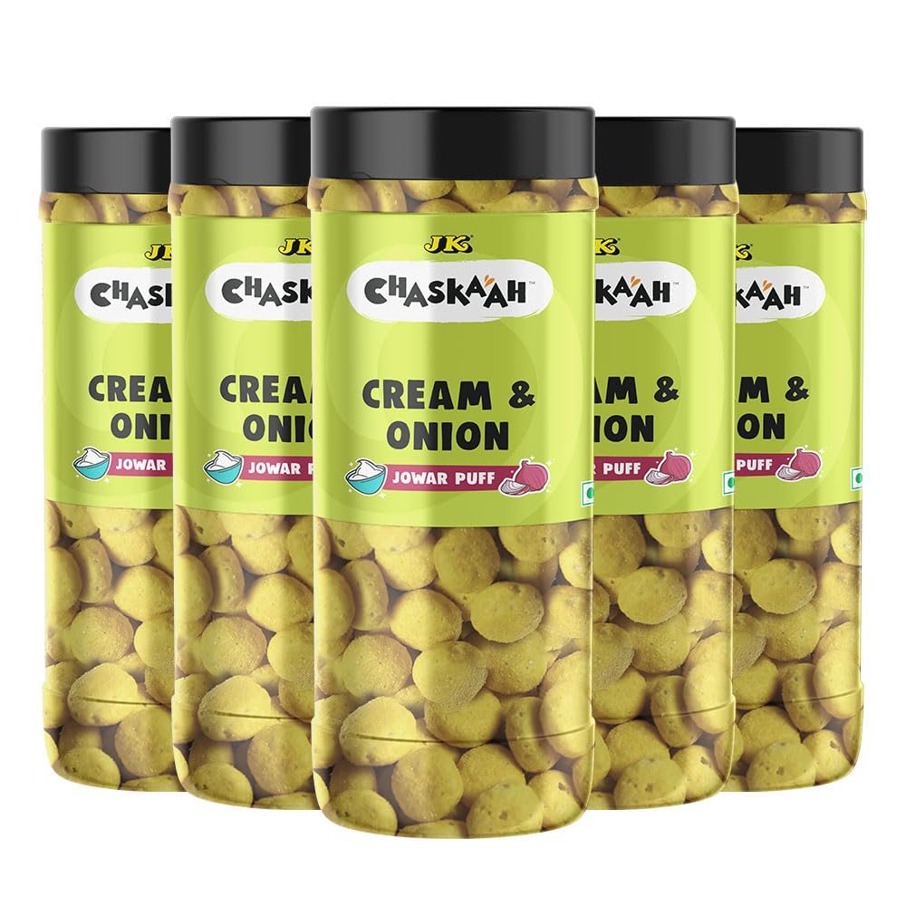Chaskaah Cream & Onion Jowar Puff, 375g (Pack of 5) | Gluten Free | Dry Roasted|MSG Free| Low Cholesterol | Rich in Calcium |Gourmet | Puffed Snacks