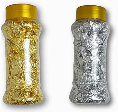 Gold Leaf, Silver Foil, Flakes with Tweezers,Resin Gold Flakes,Metallic Gold Flakes for Nail Deco,Arts and Crafts(15g Each)