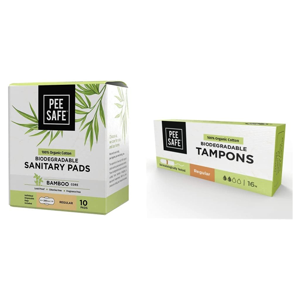 Pee Safe Organic Cotton Biodegradable Sanitary Pads, Regular & 100% Organic Cotton Tampons | For Light To Medium Flow | Comfortable & Stain-Free Experience | Fda Approved