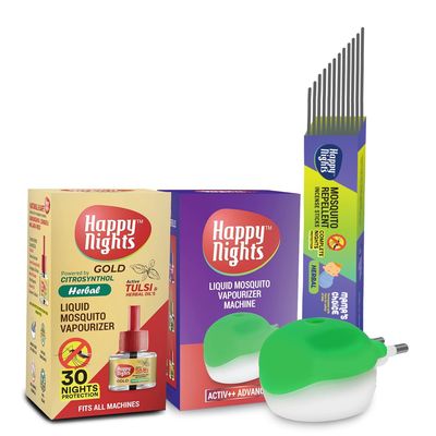 Happy Nights Combo Pack of 1 Tulsi Mosquito Repellent Refill (with Machine) & Pack of 50 Incense Sticks | Mosquito Liquid Repellent & Incense Stick