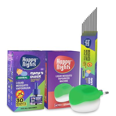 Happy Nights Combo Pack of 1 Lemon Eucalyptus Mosquito Repellent Refill (with Machine) & Pack of 50 Incense Sticks | Mosquito Liquid Repellent & Incense Stick (Lemon Eucalyptus, Pack of 50)