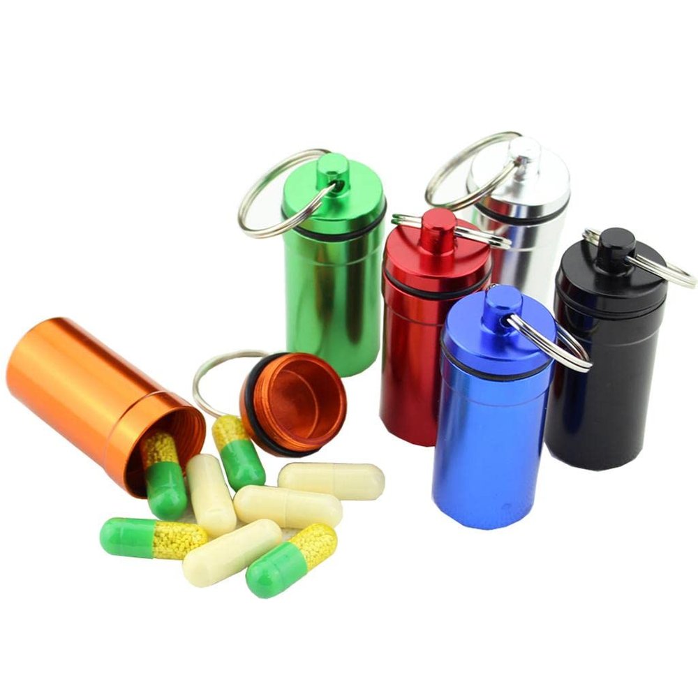 Airtight Pill Box Case Holder Container Alloy Capsule Bottle Keychain Red