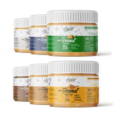 Elixir Wellness Combo of 6 Peanut Butter | Natural, Honey, Chocolate, Blueberry, Coconut and Vegan | Preservative Free (Pack of 6, 350g)