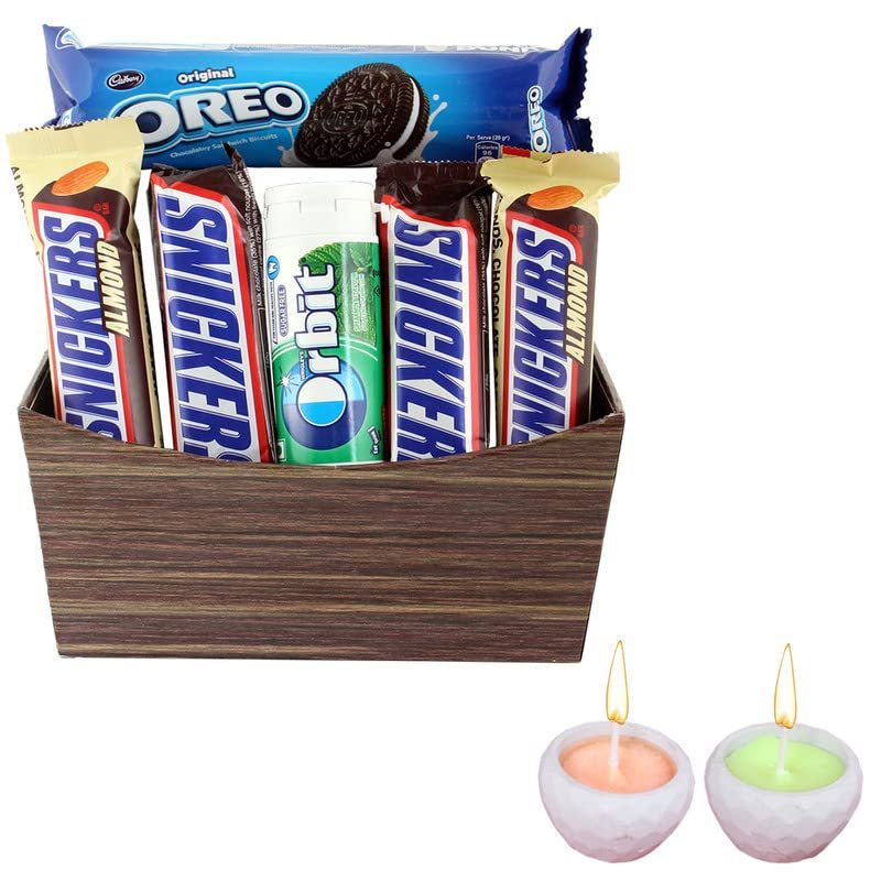 SFU E Com Creamy Chocolate and Orbit Spearmint Chewing Gum with Beautiful Basket| Diwali Chocolate Gift | Premium Diwali Concreate Diya with Chocolate Hamper | Chocolate Gift Hamper | 979