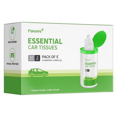 Perisafe Essential Car Tissues Pack of 5 (50 pulls 2 ply250 pulls) | Fits in All Type of Car Cup Holder| Easily Accessible |Soft, Eco Friendly & Chemical Free |1 Canister of 50 pulls + 4 Refill