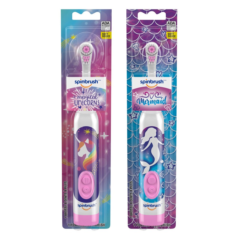 Spinbrush Mermaid & Unicorn Kids Electric Toothbrush 2-Pack, Battery-Powered, Soft Bristles