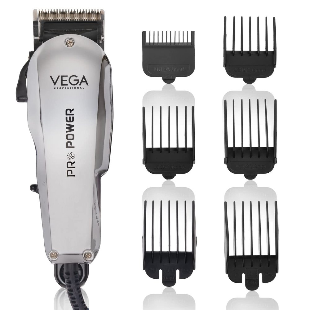 VEGA PROFESSIONAL Pro Power Hair Clipper for Salon and Home Use with Japanese Stainless-Steel Taper Blades, 6000 RPM, Attachment Guide Combs (VPMHC-02)