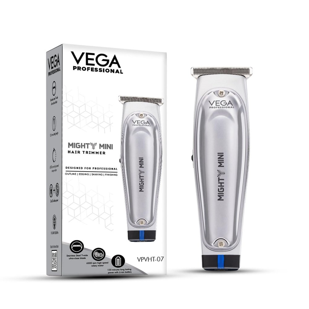 VEGA PROFESSIONAL Men Mighty Mini Hair Trimmer With Stainless Steel T-Wide Ultra Close Blade, 6500 Rpm Motor, 120 Mins Runtime, 90 Min Charging Time, Cord & Cordless Use For Salon, (Vpvht-07)
