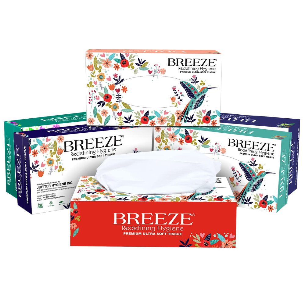 BREEZE BRE022 2 Ply Facial Tissue Soft Wipe & Disposable For Kitchen, Cars, Office & Home Use, 100 Pulls each (Pack of 6, 600 tissues)