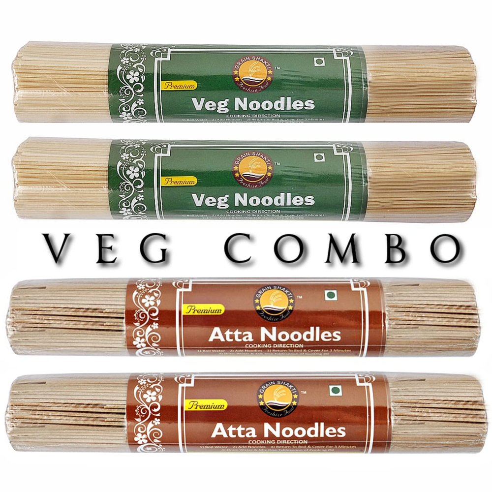 GRAIN SHAKTI Premuim Veg Noodles & Premuim Atta Noodles | No Preservatives | 100% Healthy Maida | Serves 4-5 | Veg 350g x 2 Pack | Atta 350g x 2 Pack | Instant Noodles |
