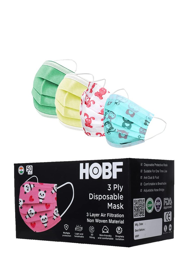 hobf Kids 3-Ply Disposable Surgical Face Mask, With Adjustable Nose Pin, Multicolors, Pack of 1 (100 Count,(Each color of masks 25 Pieces)) Kids Face Mask HOBF-3PLY-K-GR,YL,Pr.WH,Pr.GR