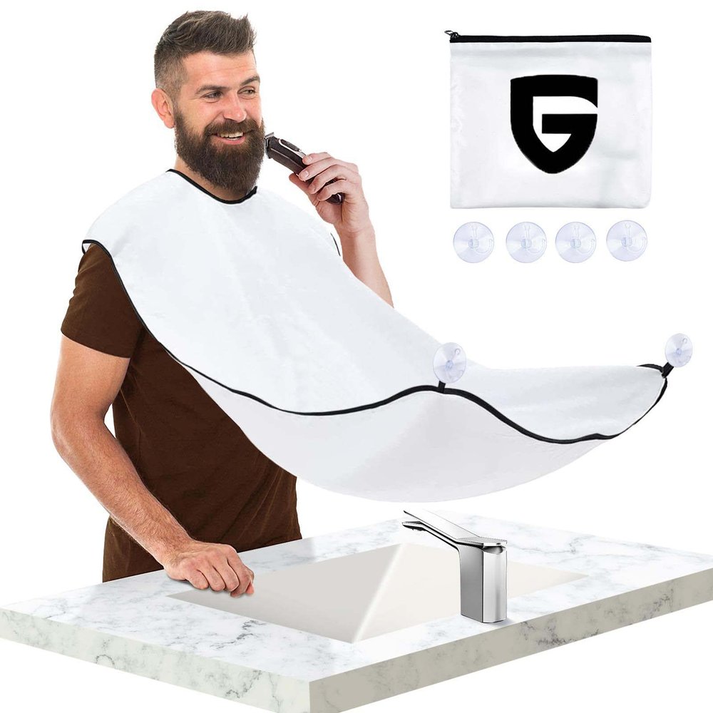 Beard Bib Apron, Stocking Stuffers Christmas Gifts for Men, Beard Hair Catcher for Shaving, Waterproof Non-Stick Beard Cape with 4 Suction Cups, One Size Fits All, Grooming Accessories(White)