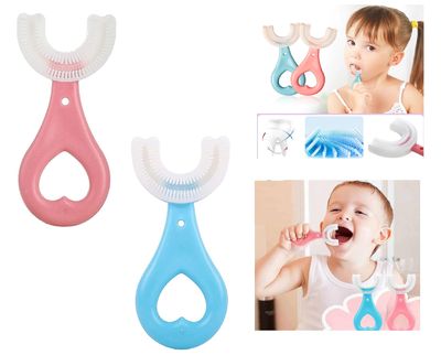 DOMUM Baby Toothbrush with U Shaped Silicone Brush Head for 360 Degree Cleaning Suitable For 2-6 Years, Manual, Heart Design, Whole Mouth Cleaning Tool For Kids - Multicolor (Pack Of 2).