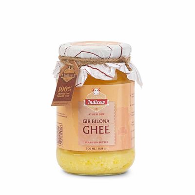 Indicow Organic Dairy Foods Pure Authentic A2 Gir cow Ghee | Bilona Curd-Churned, Cruelty-Free, Ayurvedic| Grass Fed Cows (500ml, Gir)