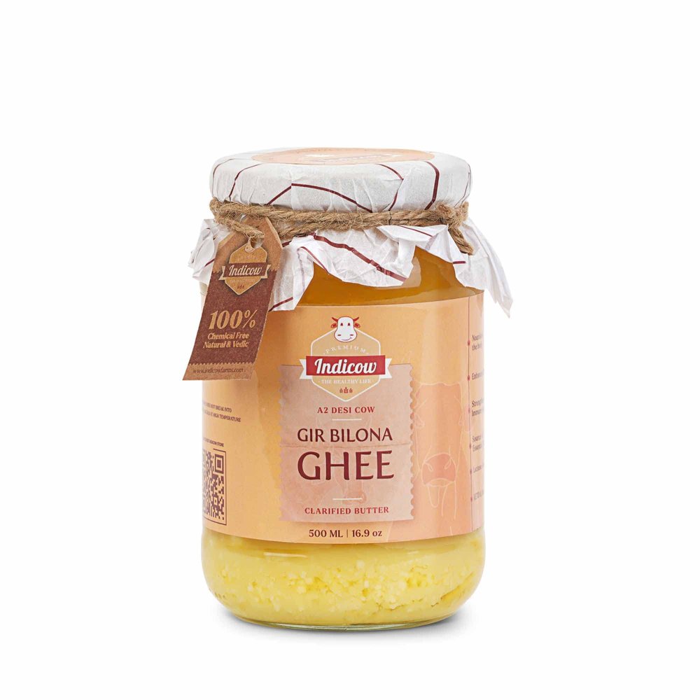 Indicow Organic Dairy Foods Pure Authentic A2 Gir cow Ghee | Bilona Curd-Churned, Cruelty-Free, Ayurvedic| Grass Fed Cows (500ml, Gir)