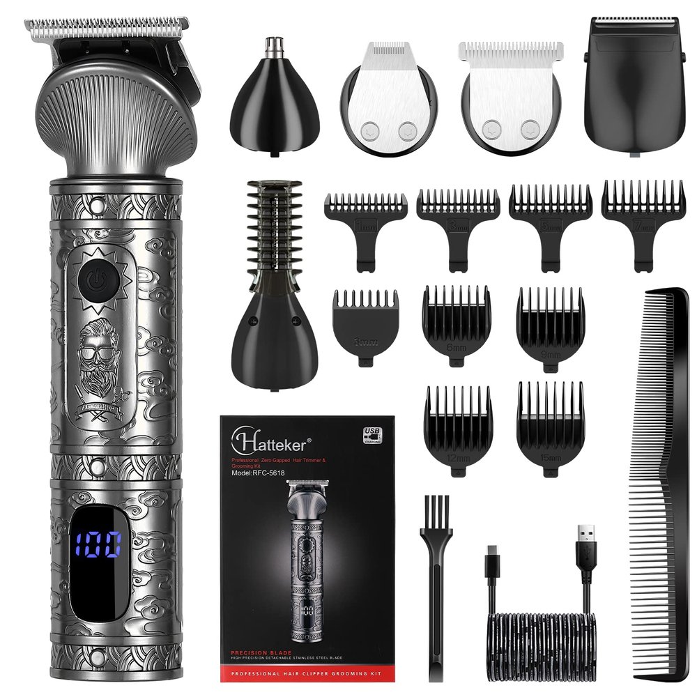 Hatteker Beard Trimmer Kit for Men Professional Hair Clipper Trimmer T-Blade Trimmer Nose Trimmer Beard Hair Shaver Nose Trimmer Hair Cuttint Kit Body Grooming Kit Cordless 6 in 1