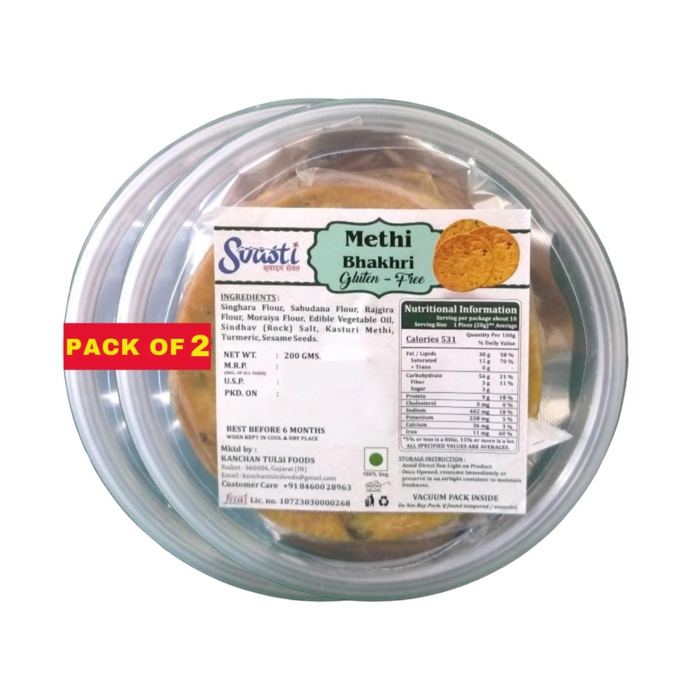 Svasti Dry Bhakri Snacks | Roasted Healthy Gujarati Snacks | No Maida | No Artificial Colours | No Onion & No Gralic | Vacuum Packed | Gluten Free Methi Bhakhri - 200 gms (Pack Of 2)