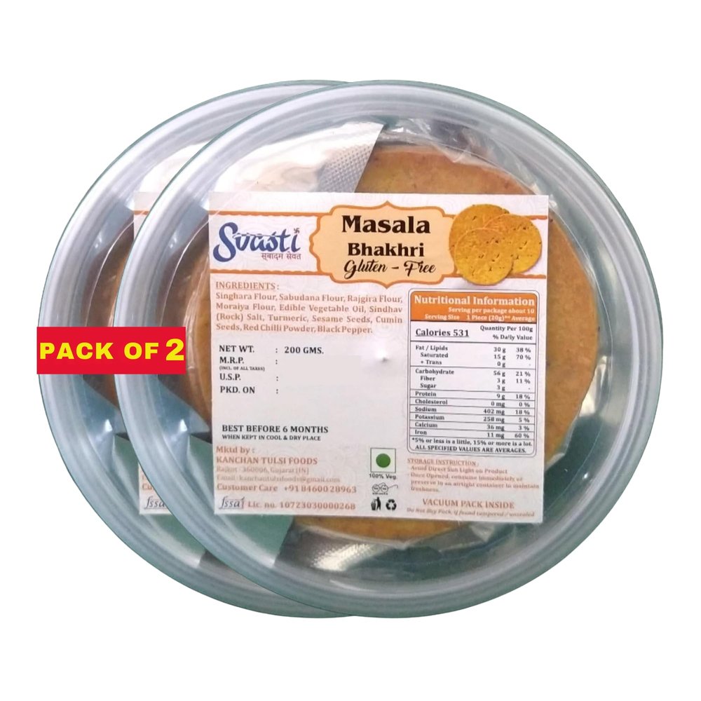 Svasti Dry Bhakri Snacks | Roasted Healthy Gujarati Snacks | No Maida | No Artificial Colours | No Onion & No Garlic | Vacuum Packed | Gluten Free Masala Bhakhri - 200 gms (Pack Of 2)